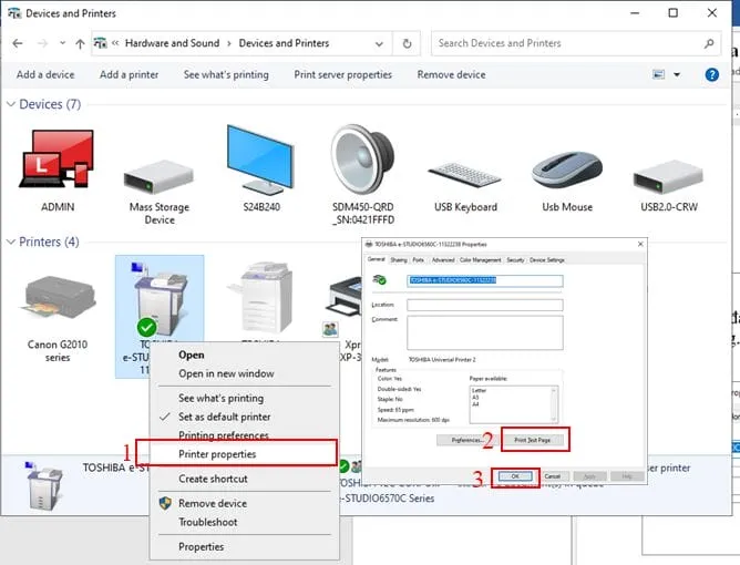Click chuột phải vào Printer properties và Nhấn Print a test page