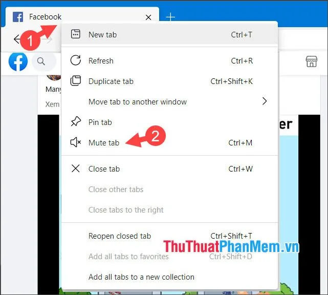 Click chuột phải vào tab Facebook và chọn Tắt tiếng thẻ trên Edge