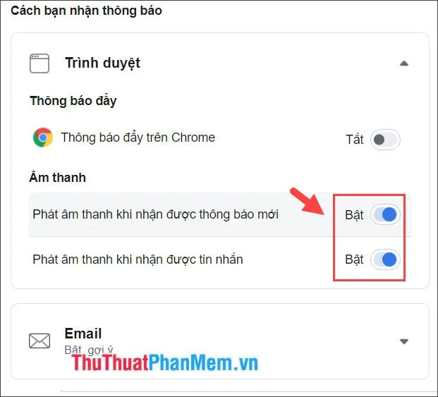 Công tắc tắt tiếng thông báo trên Facebook cho thông báo mới
