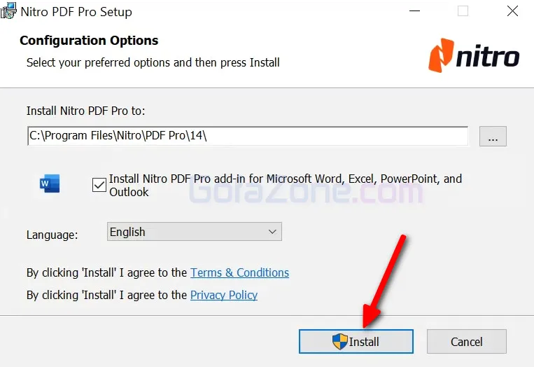 Cửa sổ cài đặt đầu tiên của Nitro Pro, nổi bật với nút 'Install' để bắt đầu quá trình