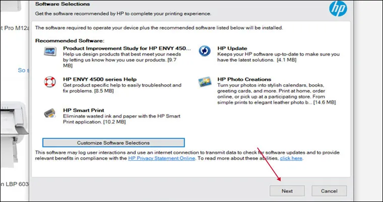 Cửa sổ cài đặt driver HP nhấn Next