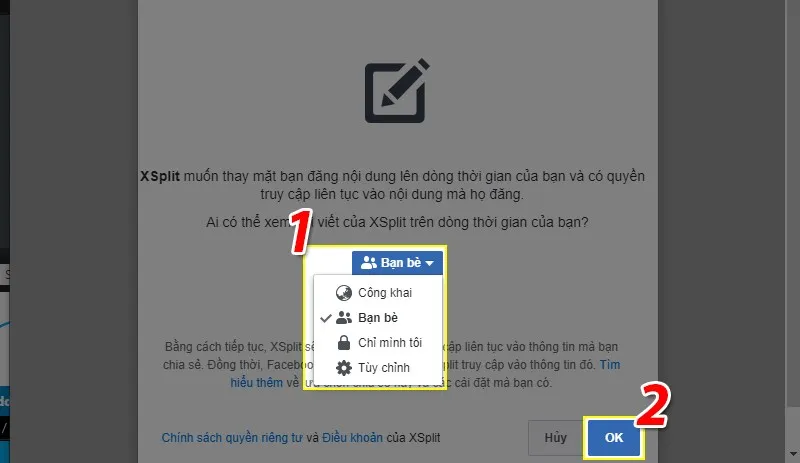 Cửa sổ cài đặt quyền riêng tư cho buổi live stream Facebook, người dùng có thể chọn Public, Friends, Only me hoặc tùy chỉnh khác