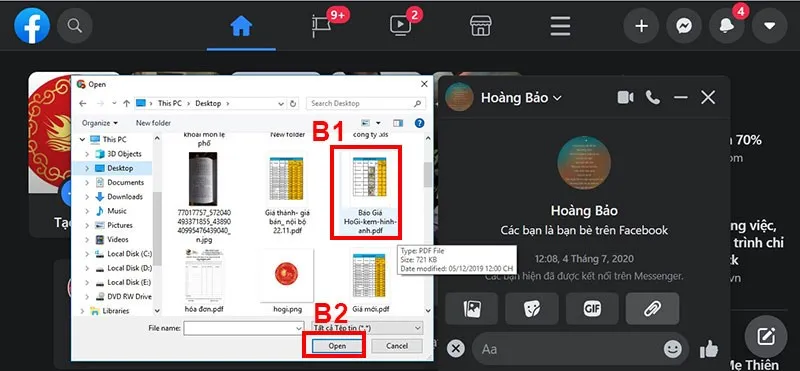 Cửa sổ chọn file từ máy tính để tải lên Messenger