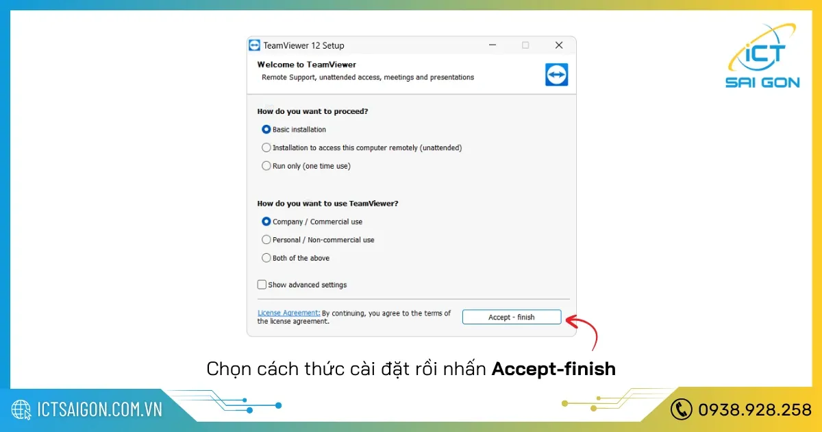 Cửa sổ chọn kiểu cài đặt Basic Installation và mục đích Personal use khi cài đặt TeamViewer 12