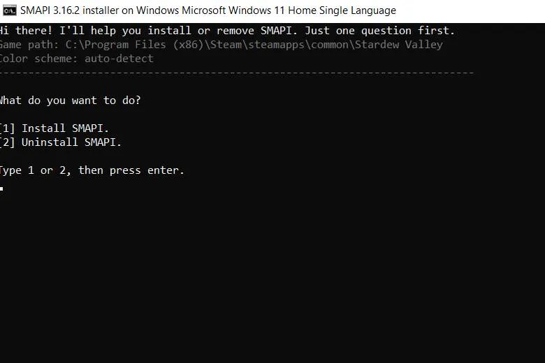 Cửa sổ console hỏi tùy chọn cài đặt hoặc gỡ SMAPI, người dùng cần chọn Cài đặt để tiếp tục