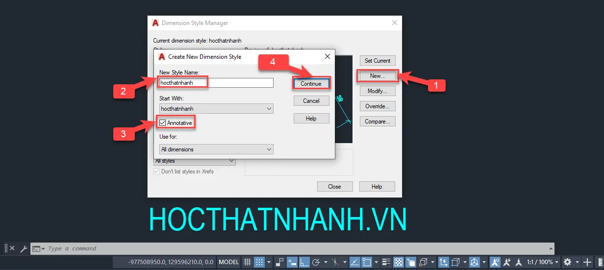Cửa sổ Create New Dimension Style khi bắt đầu cài đặt kích thước mới trong AutoCAD