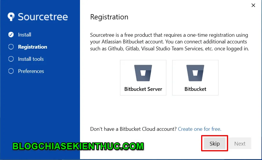 Cửa sổ đăng ký tài khoản Atlassian (Bitbucket) trong SourceTree