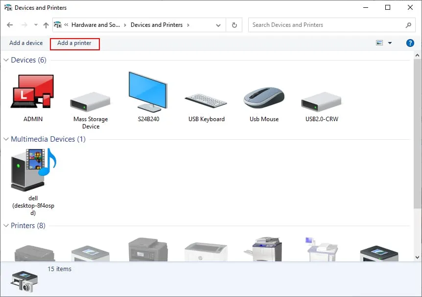 Cửa sổ Devices and printers hiện ra nhấn vào Add a printer