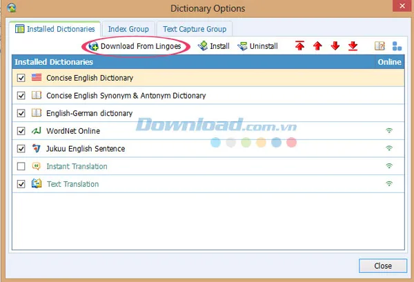 Cửa sổ Dictionaries hiển thị danh sách từ điển hiện có, cần tải thêm từ điển Anh-Việt