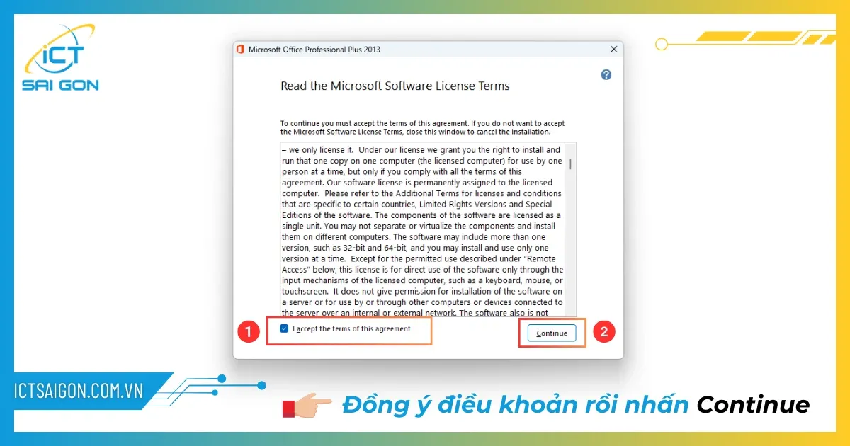 Cửa sổ đồng ý điều khoản cài đặt Microsoft Office 2013