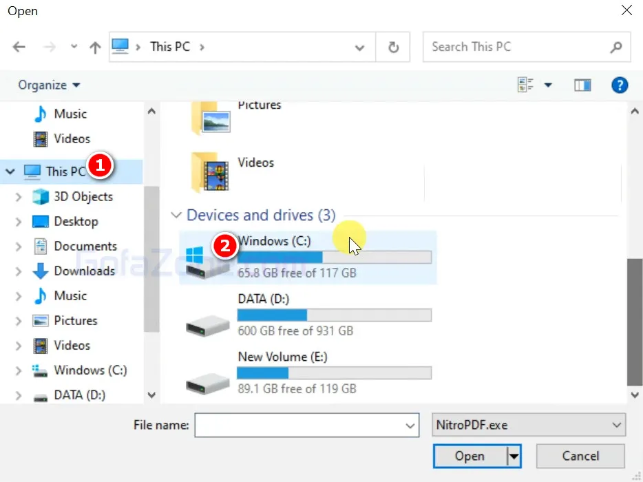 Cửa sổ duyệt tệp đang ở ổ đĩa C: của máy tính