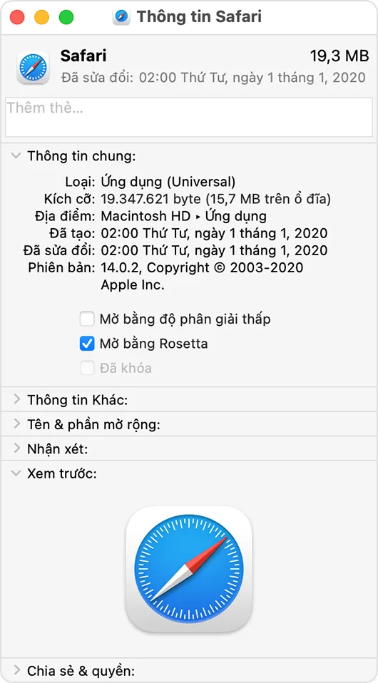 Cửa sổ lấy thông tin ứng dụng trên macOS hiển thị tùy chọn 'Mở bằng Rosetta'