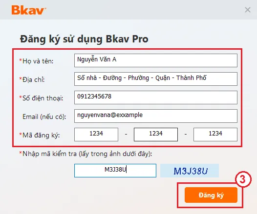 Cửa sổ nhập thông tin cá nhân và mã bản quyền để đăng ký sử dụng Bkav Pro