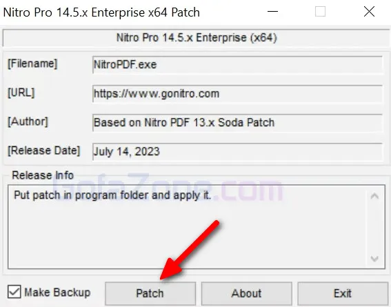 Cửa sổ nhỏ của chương trình kích hoạt Nitro Pro với một nút lớn 'Patch' được người dùng nhấp vào