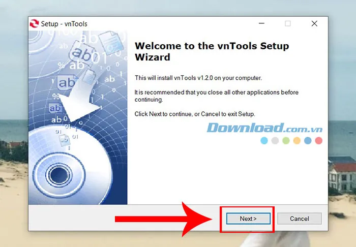 Cửa sổ Setup - vnTools, nhấn Next để tiếp tục qua các bước thiết lập cài đặt VnTools trong Excel 2010