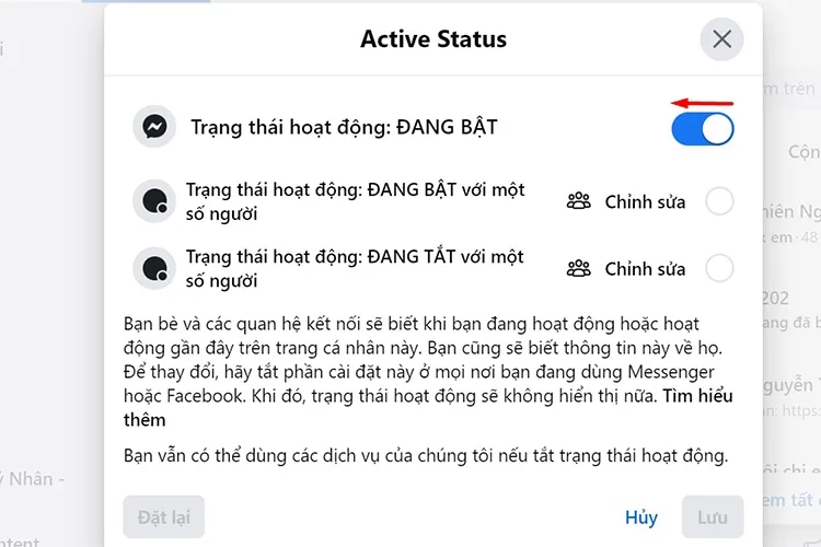 Cửa sổ Tắt Trạng thái hoạt động với các tùy chọn riêng tư