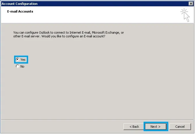 Cửa sổ thiết lập tài khoản mới, chọn Yes và Next