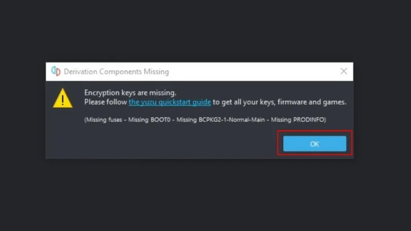 Cửa sổ thông báo khởi động của trình giả lập Yuzu