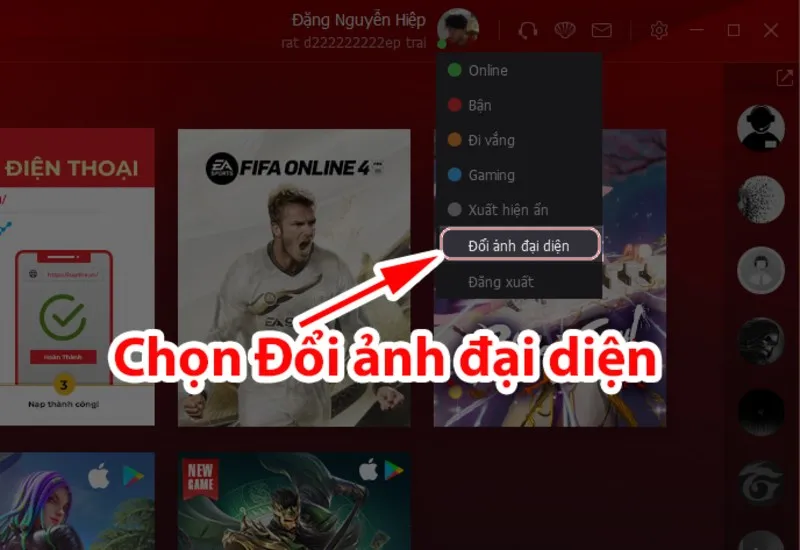 Cửa sổ thông tin tài khoản Garena, chọn Đổi ảnh đại diện để bắt đầu tải lên ảnh mới