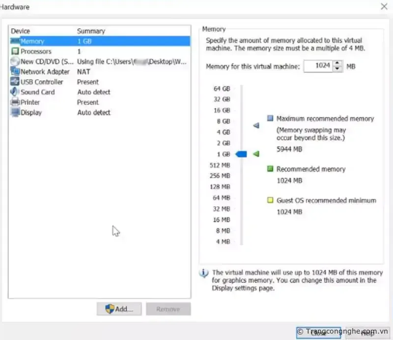 Cửa sổ tùy chỉnh dung lượng RAM (Memory) cho máy ảo Windows 7