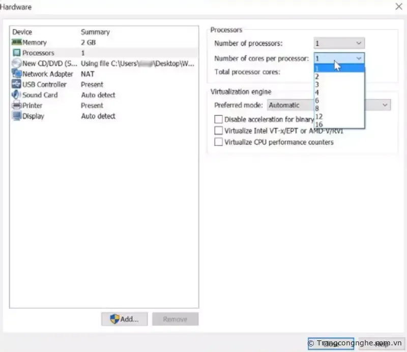 Cửa sổ tùy chỉnh thông số CPU (Processors) cho máy ảo Windows 7