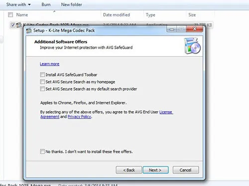 Cửa sổ tùy chọn cài đặt, cho phép người dùng bỏ chọn các tiện ích đi kèm