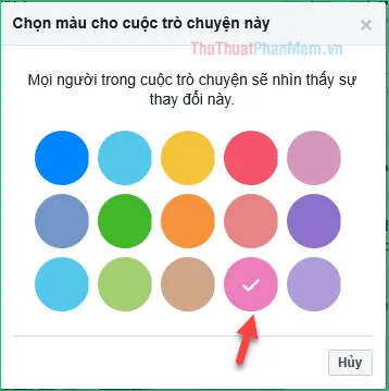 Cửa sổ tùy chọn màu sắc trong Messenger trên máy tính, minh họa việc lựa chọn màu hồng