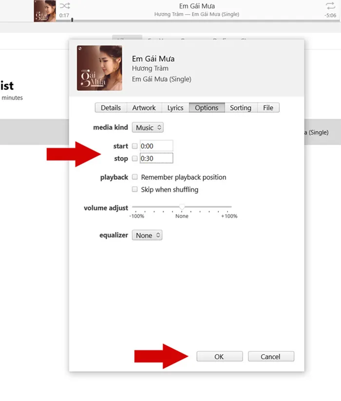 Cửa sổ tùy chọn trong iTunes để cắt đoạn nhạc chuông 30 giây khi làm nhạc cho iPhone 6