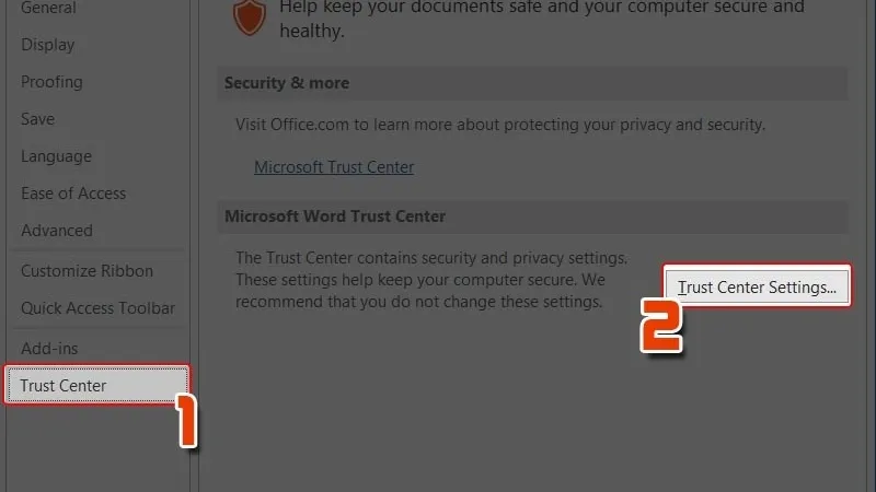 Cửa sổ Word Options để truy cập Trung tâm tin cậy