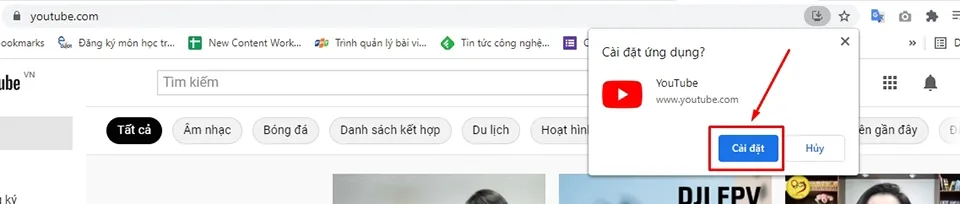 Cửa sổ xác nhận cài đặt ứng dụng PWA, không liên quan đến cách tải video ngoại tuyến