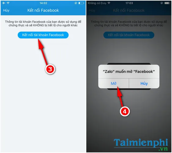 Cửa sổ xác nhận quyền truy cập thông tin Facebook để tìm bạn Zalo