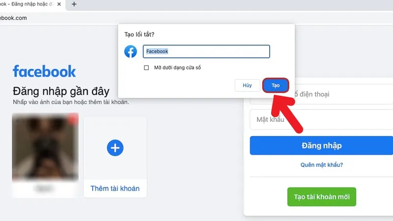 Cửa sổ xác nhận Tạo lối tắt Facebook trên MacBook