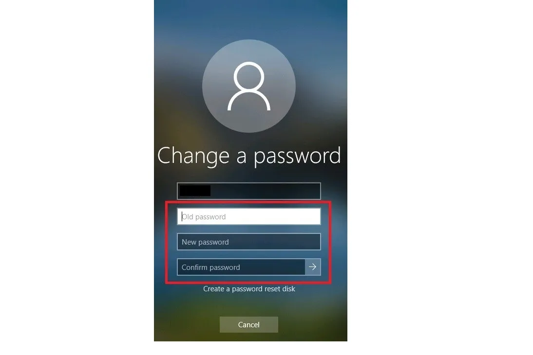 Cửa sổ yêu cầu nhập mật khẩu cũ và mới