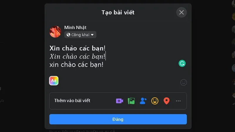 Dán chữ nghiêng đã copy vào trạng thái Facebook