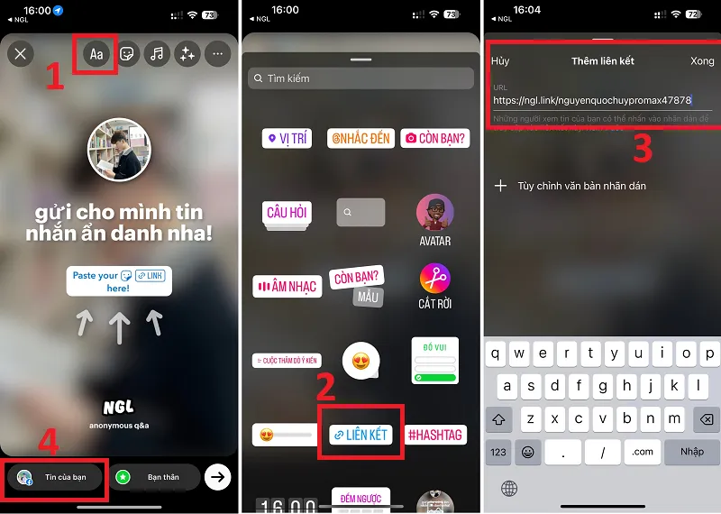 Dán liên kết NGL vào sticker Liên kết trên Story Instagram trước khi đăng lên Facebook