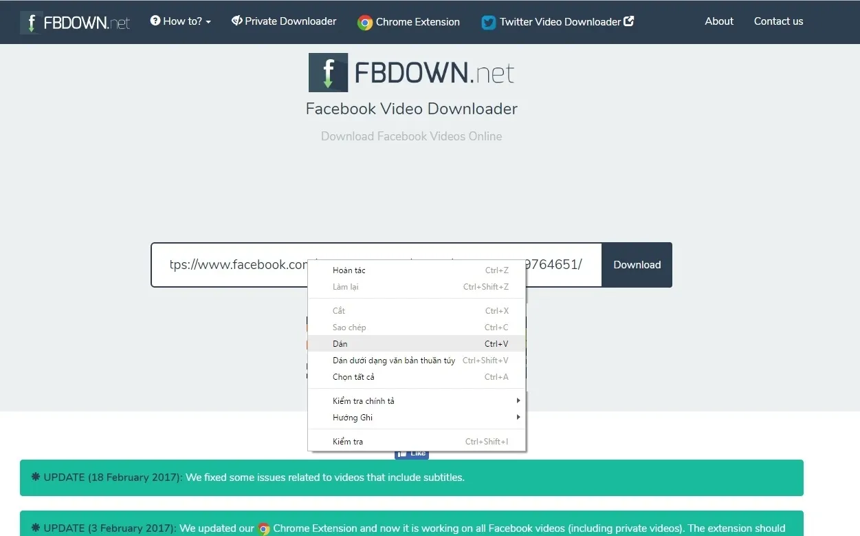 Dán liên kết video vào ô tìm kiếm trên trang fbdown.net