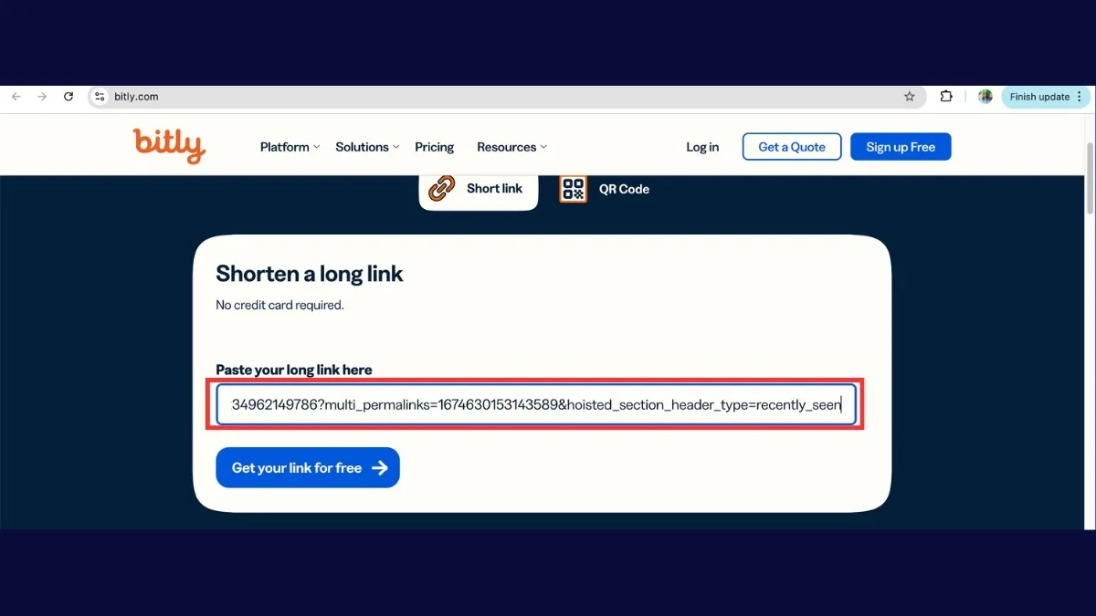 Dán link Facebook đã sao chép vào ô Shorten your link