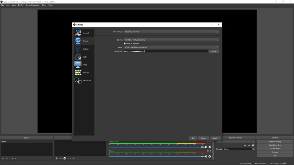 Dán Stream Key từ YouTube vào cài đặt OBS Studio