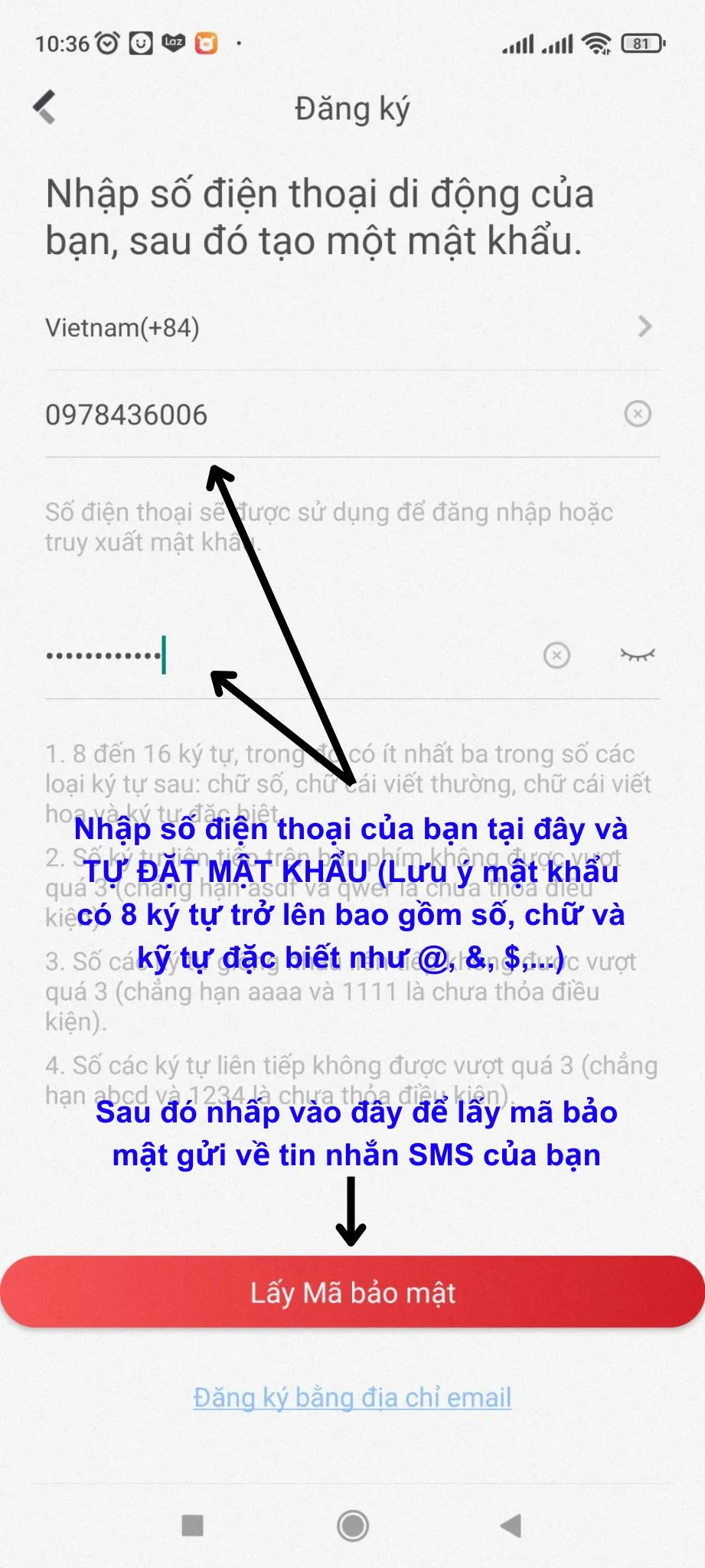Đăng ký tài khoản Hik-Connect bằng số điện thoại và nhập mật khẩu