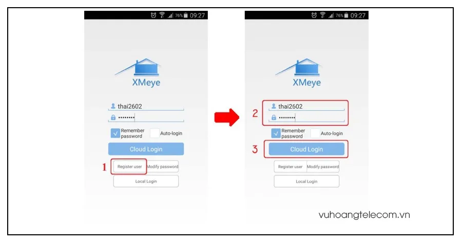 Đăng ký tài khoản người dùng Xmeye để bắt đầu cấu hình camera Vantech 6300B
