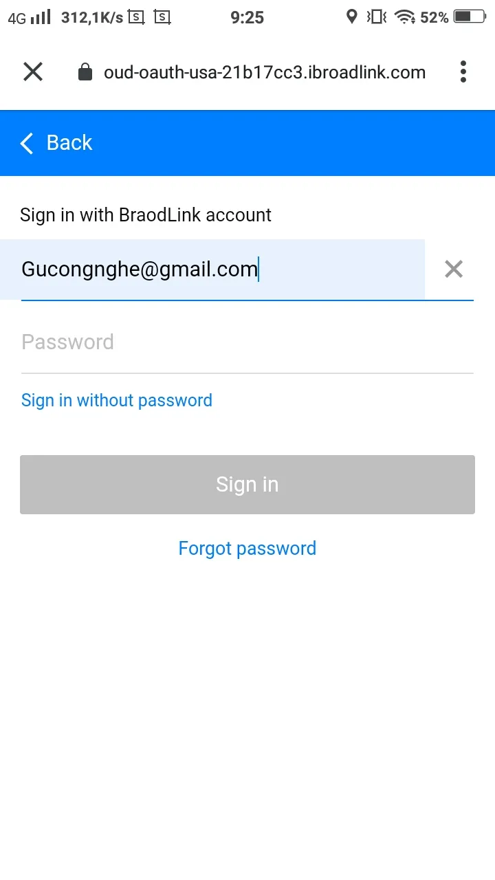 Đăng nhập tài khoản BroadLink để xác nhận liên kết với Google Home