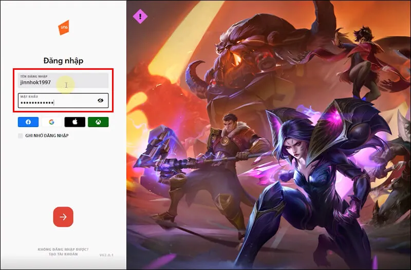 Đăng nhập tài khoản Riot Games để vào game