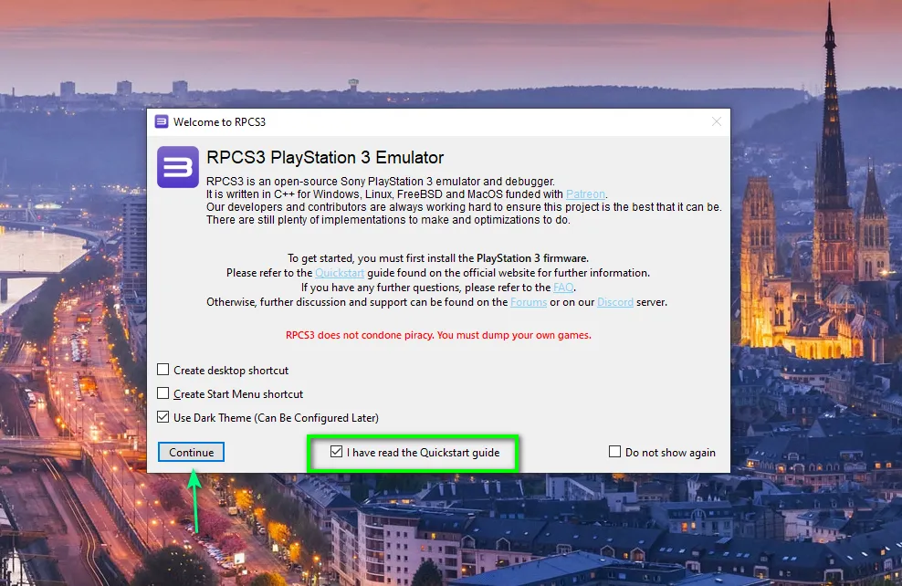 Đánh dấu I have read the Quickstart guide và nhấn Continue để tiếp tục quá trình cài đặt PS3 trên PC