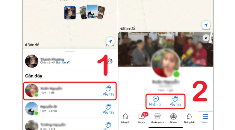 Danh sách bạn bè Facebook ở gần hiển thị trên màn hình iPhone sau khi bật tính năng