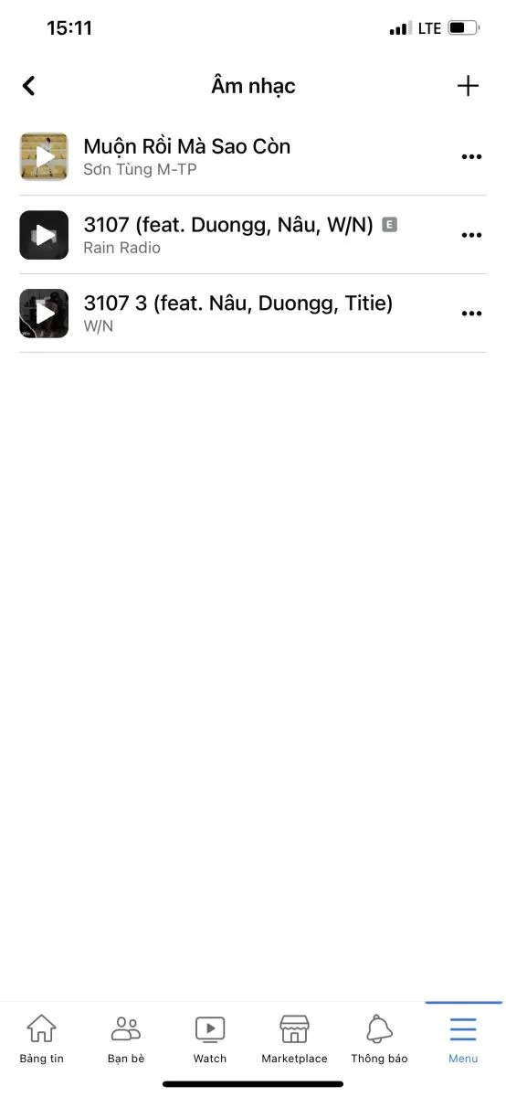 Danh sách các bài hát đã được thêm thành công vào mục Âm nhạc cá nhân