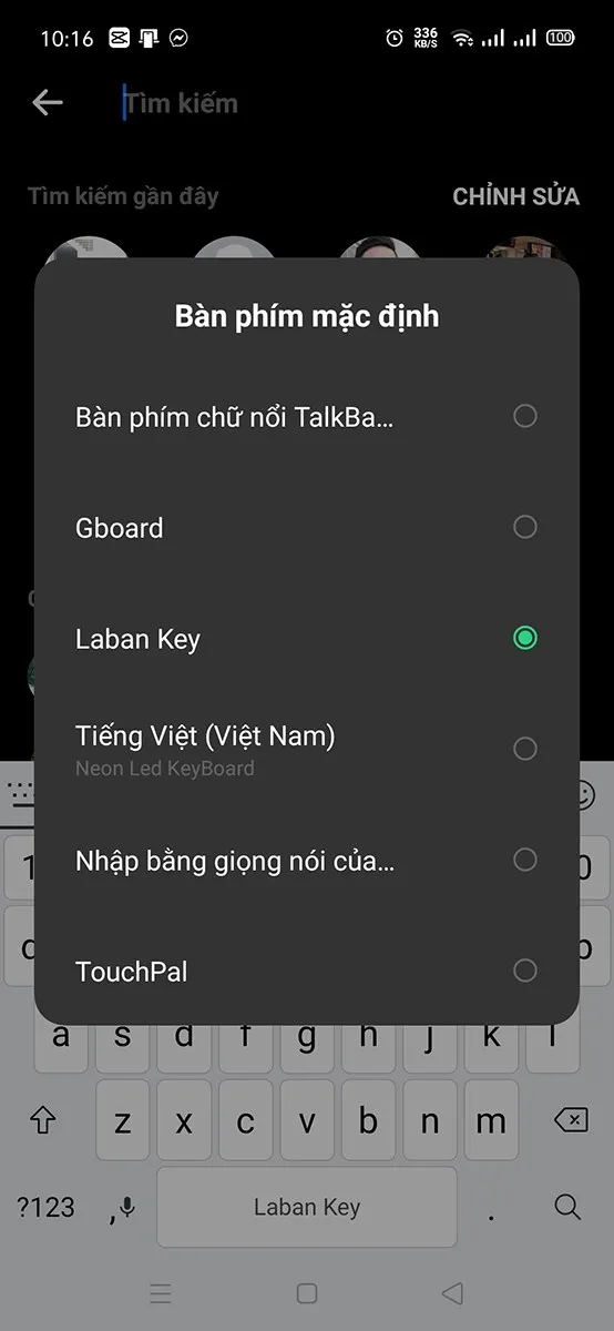 Danh sách các bàn phím ảo đã được kích hoạt để chọn sử dụng