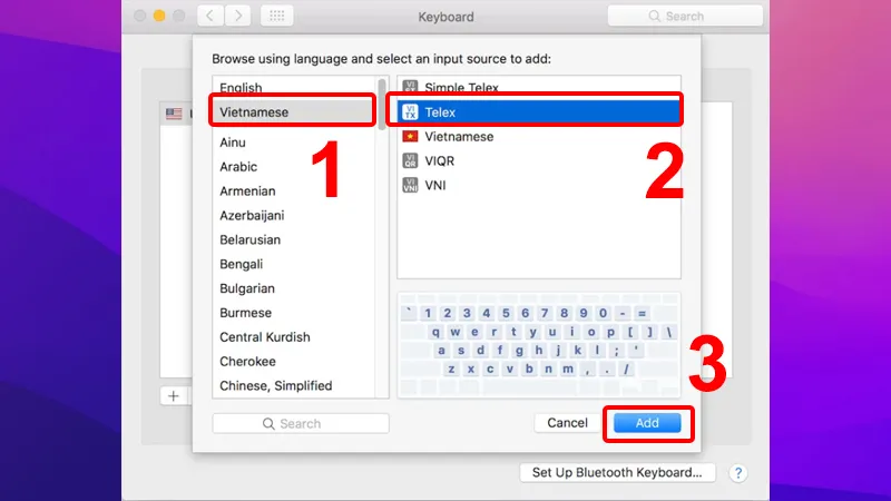 Danh sách các bộ gõ tiếng Việt, bao gồm Telex và VNI, trong macOS