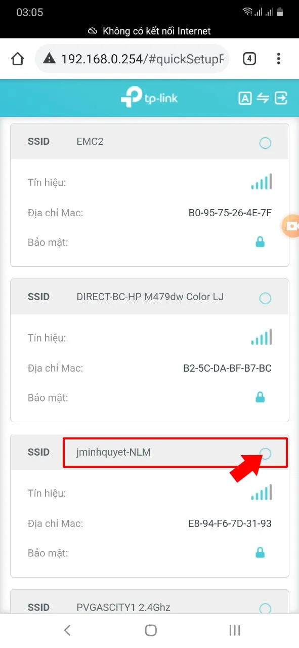 Danh sách các mạng Wi-Fi mà TP-Link WA850RE đã quét thấy