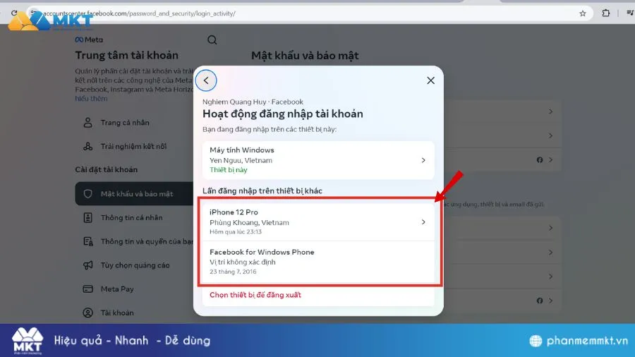 Danh sách các phiên đăng nhập cần xóa lịch sử đăng nhập Facebook trên điện thoại