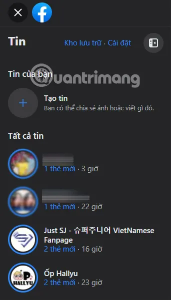 Danh sách các tài khoản đang đăng tin Story trên Facebook PC